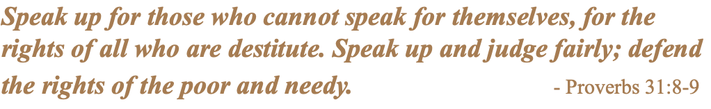 Speak up for those who cannot speak for themselves, for the rights of all who are destitute. Speak up and judge fairly; defend the rights of the poor and needy. - Proverbs 31:8-9